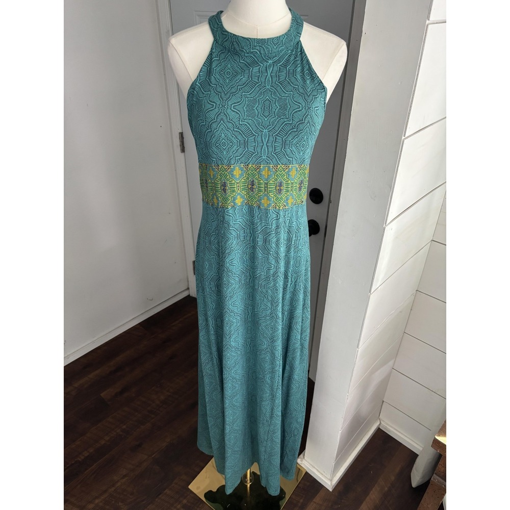 Prana Teal Halter Maxi Dress with Green Embroidered Waistband